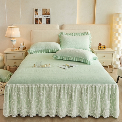 宜凡 2023新款烂花牛奶绒床裙三件套 绿茵-奶油绿