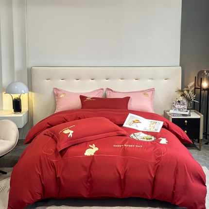 91家纺网 家纺一手货源 找家纺 爱家2023新款纯氧棉磨毛刺绣四件套--吉祥兔系列 吉祥兔-胭脂红