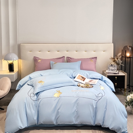 91家纺网 家纺一手货源 找家纺 爱家2023新款纯氧棉磨毛刺绣四件套--吉祥兔系列 吉祥兔-天空兰