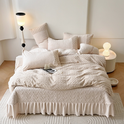 91家纺网 家纺一手货源 找家纺 舒梦琪 2023新款法式玫瑰兔绒提花四件套 玫瑰米白