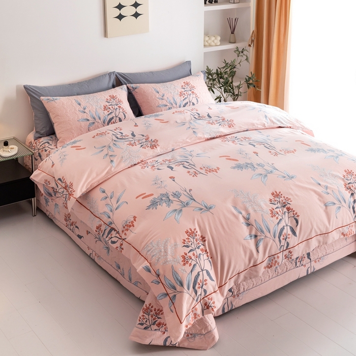 91家纺网 家纺一手货源 找家纺 优乐家纺 2025新款纯棉斜纹床盖款单层被套四件套 晗蕊初开-粉