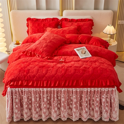 91家纺网 家纺一手货源 找家纺 宜凡2023新款婴儿绒全夹棉床裙四件套 喜庆红