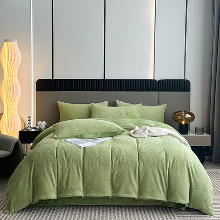 铠畅家纺 2023爆款A类230g立体雕花牛奶绒四件套 大浪淘沙花型-绿