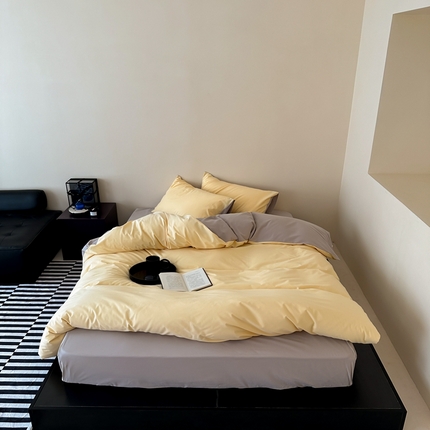 91家纺网 家纺一手货源 找家纺 时光里 2023北欧风简约纯色双拼60s加厚磨毛全棉四件套 芒果黄拼大麦灰