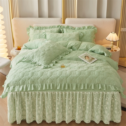 91家纺网 家纺一手货源 找家纺 宜凡2023新款婴儿绒全夹棉床裙四件套 果绿色