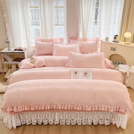 宜凡 2023新款烂花牛奶绒床盖四件套 梅花烙-柔粉