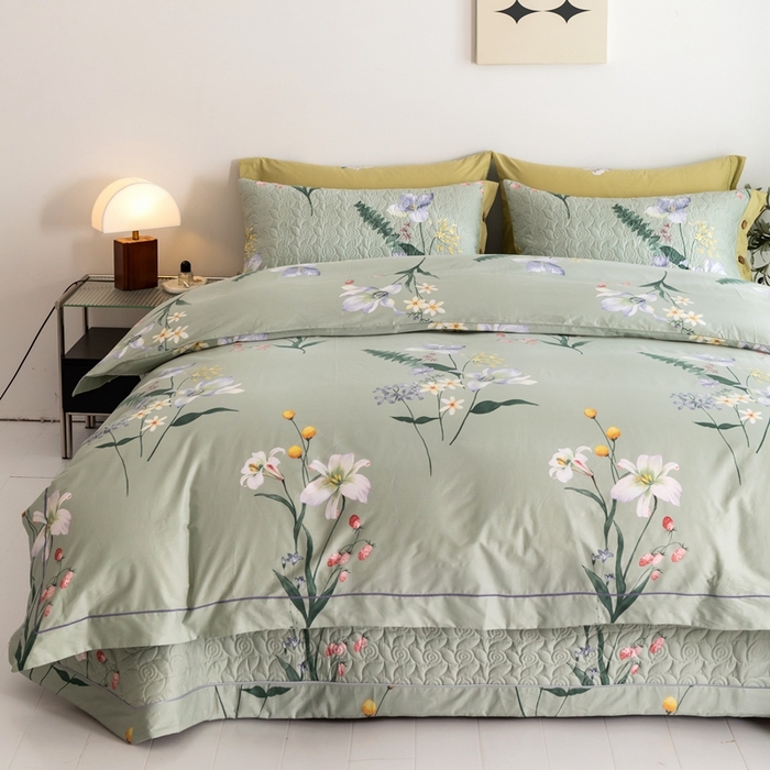 91家纺网 家纺一手货源 找家纺 优乐家纺 2025新款纯棉斜纹床盖款单层被套四件套 晗蕊初开-绿