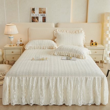 宜凡 2023新款烂花牛奶绒床裙三件套 麦穗-奶白