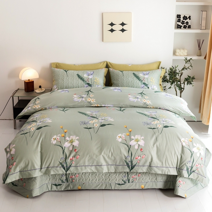 91家纺网 家纺一手货源 找家纺 优乐家纺 2025新款纯棉斜纹床盖款单层被套四件套 晗蕊初开-绿