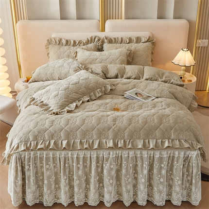 91家纺网 家纺一手货源 找家纺 宜凡2023新款婴儿绒全夹棉床裙四件套 莫奈绿