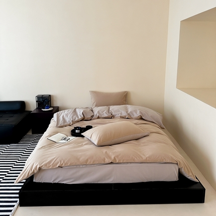 91家纺网 家纺一手货源 找家纺 时光里 2023北欧风简约纯色双拼60s加厚磨毛全棉四件套 米棕拼大麦灰