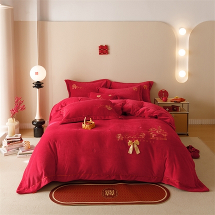 91家纺网 家纺一手货源 找家纺 （总）798家纺 2023新款婚庆系列牛奶绒保暖毛巾绣四件套