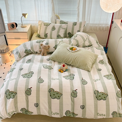 昔可家纺  2023新款高克重印花牛奶绒卡通系列四件套 绿竖条恐龙