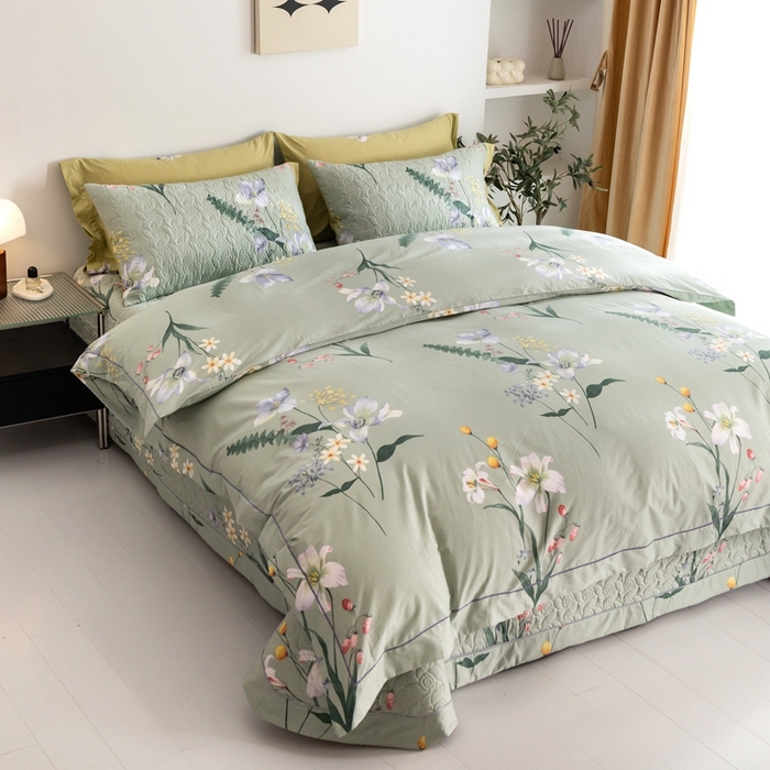 91家纺网 家纺一手货源 找家纺 优乐家纺 2025新款纯棉斜纹床盖款单层被套四件套 晗蕊初开-绿