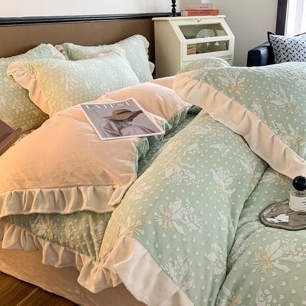 潘朵拉 2023新款高克重法式花边着色雕花牛奶绒四件套 清浅（绿）