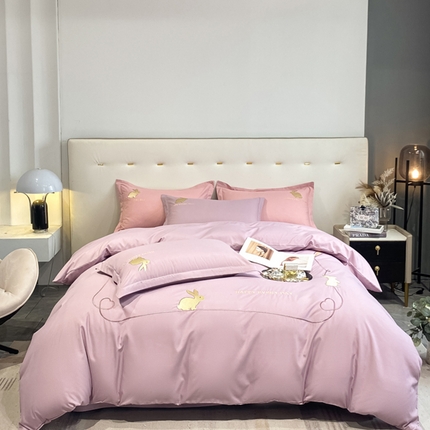 91家纺网 家纺一手货源 找家纺 爱家2023新款纯氧棉磨毛刺绣四件套--吉祥兔系列 吉祥兔-芋泥紫