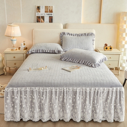 宜凡 2023新款烂花牛奶绒床裙三件套 木槿-时尚灰