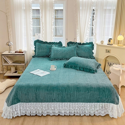 宜凡 2023新款烂花牛奶绒床盖三件套 禅境-薄荷绿