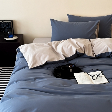 91家纺网 家纺一手货源 找家纺 时光里 2023北欧风简约纯色双拼60s加厚磨毛全棉四件套 深蓝拼大麦灰