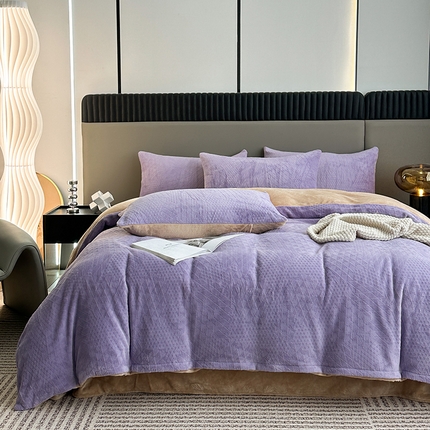 铠畅家纺 2023爆款A类230g立体雕花牛奶绒四件套 七巧板紫