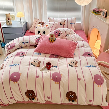 昔可家纺  2023新款高克重印花牛奶绒卡通系列四件套 吐司面包