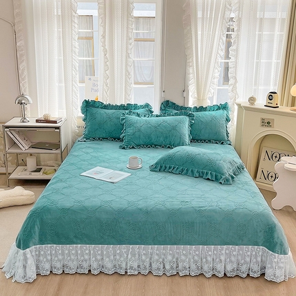 宜凡 2023新款烂花牛奶绒床盖三件套 海棠-薄荷绿