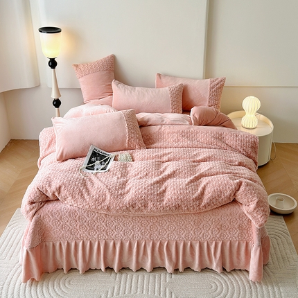 91家纺网 家纺一手货源 找家纺 舒梦琪 2023新款法式玫瑰兔绒提花四件套 玫瑰粉色