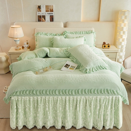 宜凡 2023新款烂花牛奶绒床裙四件套 绿茵-奶油绿