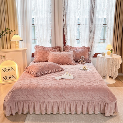 91家纺网 家纺一手货源 找家纺 宜凡2023新款婴儿绒全夹棉床盖三件套 豆沙粉