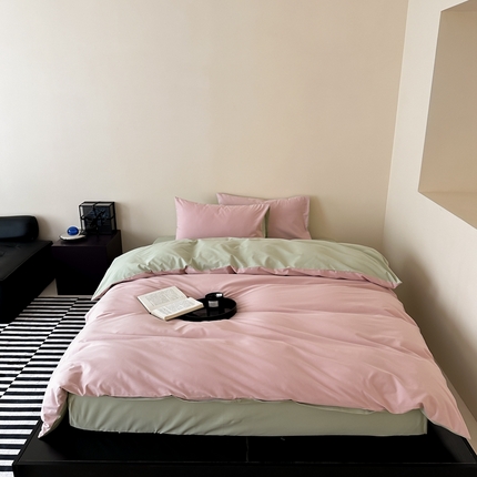 91家纺网 家纺一手货源 找家纺 时光里 2023北欧风简约纯色双拼60s加厚磨毛全棉四件套 豆沙拼青绿