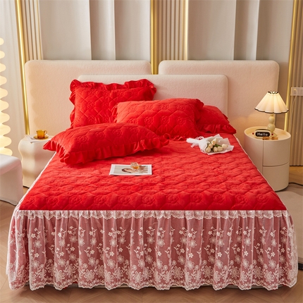 宜凡2023新款婴儿绒全夹棉床裙三件套 喜庆红