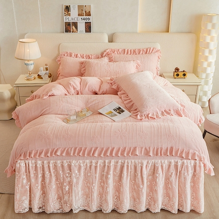 宜凡 2023新款烂花牛奶绒床裙四件套 锦绣-柔粉