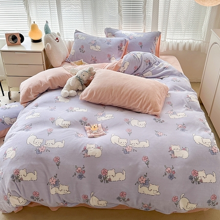 昔可家纺  2023新款高克重印花牛奶绒卡通系列四件套 花花小猫咪