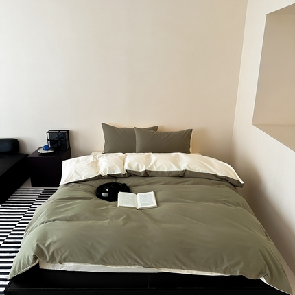 91家纺网 家纺一手货源 找家纺 时光里 2023北欧风简约纯色双拼60s加厚磨毛全棉四件套 抹茶绿拼月牙黄