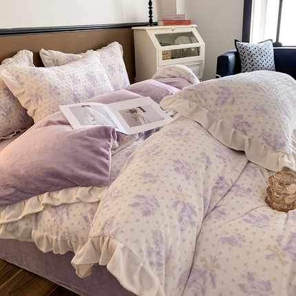 潘朵拉 2023新款高克重法式花边着色雕花牛奶绒四件套 清浅（紫）