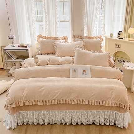 宜凡 2023新款烂花牛奶绒床盖四件套 四叶风尚-卡其