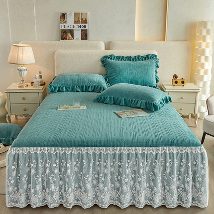 宜凡 2023新款烂花牛奶绒床裙三件套 禅境-薄荷绿