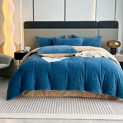 铠畅家纺 2023爆款A类230g立体雕花牛奶绒四件套 山茶花宝蓝