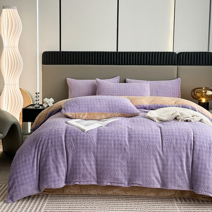 铠畅家纺 2023爆款A类230g立体雕花牛奶绒四件套 山茶花紫