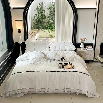 91家纺网 家纺一手货源 找家纺 （总）婳庭家居 2023新款法式立体刺绣玫瑰水晶纱全棉长绒棉公主风四件套-白玫瑰