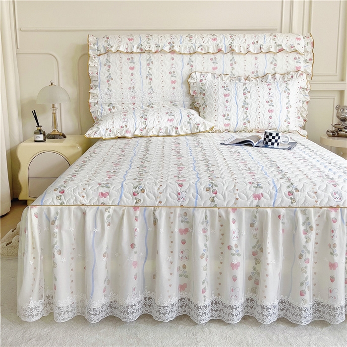 91家纺网 家纺一手货源 找家纺 十个点 2024新款印花夹棉蕾丝单床裙-玲珑 花野兔