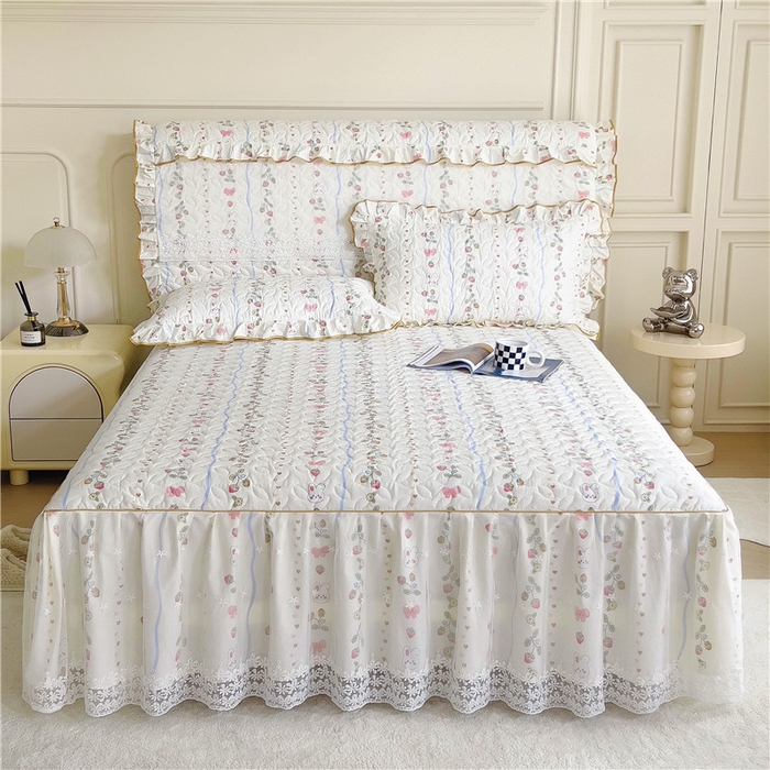 91家纺网 家纺一手货源 找家纺 十个点 2024新款印花夹棉蕾丝单床裙-玲珑 花野兔