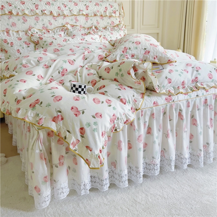 91家纺网 家纺一手货源 找家纺 十个点 2024新款印花夹棉蕾丝四件套 心语