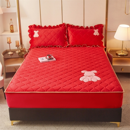 屹成 2024新款亲肤水晶绒夹棉单床笠-小熊款 典雅红