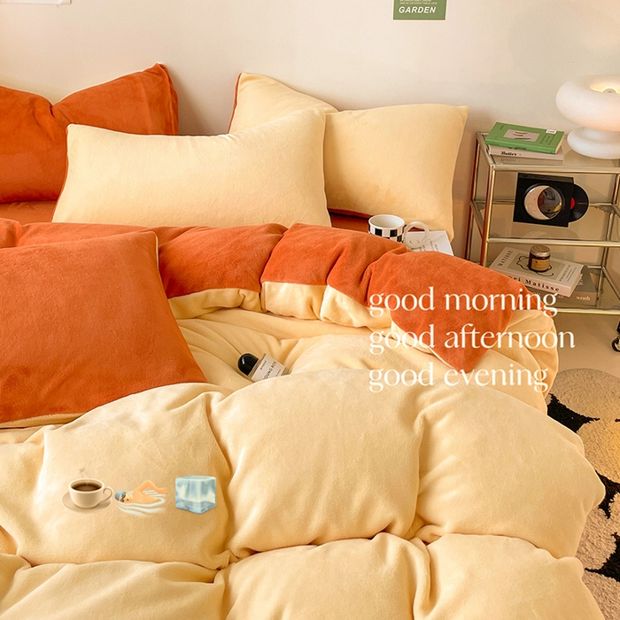 91家纺网 家纺一手货源 找家纺 眠帛家居 2023新款加厚牛奶绒双拼四件套 奶黄-焦糖