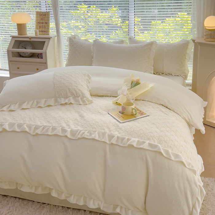 91家纺网 家纺一手货源 找家纺 （总）金米诺 2024新款加厚保暖韩式双层花边玫瑰兔绒系列四件套