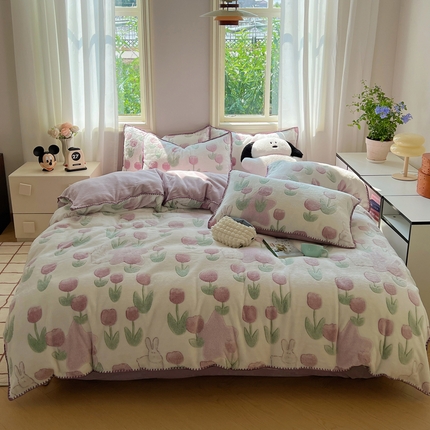 91家纺网 家纺一手货源 找家纺 三朵家纺 2023新款高克重雪花绒绒混搭系列四件套 花语