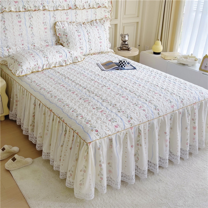 91家纺网 家纺一手货源 找家纺 十个点 2024新款印花夹棉蕾丝单床裙-玲珑 花野兔