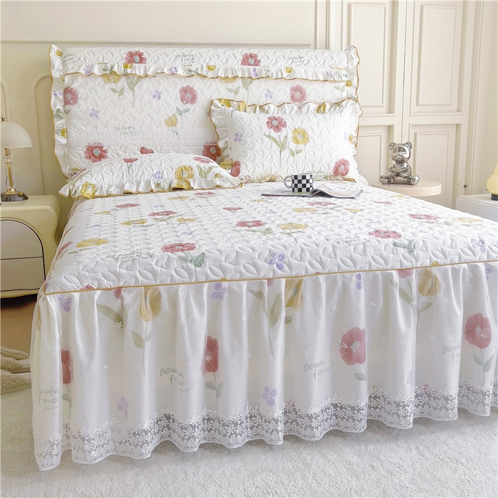 91家纺网 家纺一手货源 找家纺 十个点 2024新款印花夹棉蕾丝单床裙-玲珑 素锦