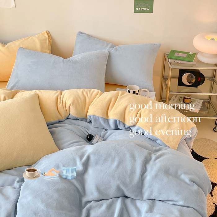 91家纺网 家纺一手货源 找家纺 眠帛家居 2023新款加厚牛奶绒双拼四件套 天空蓝-奶黄